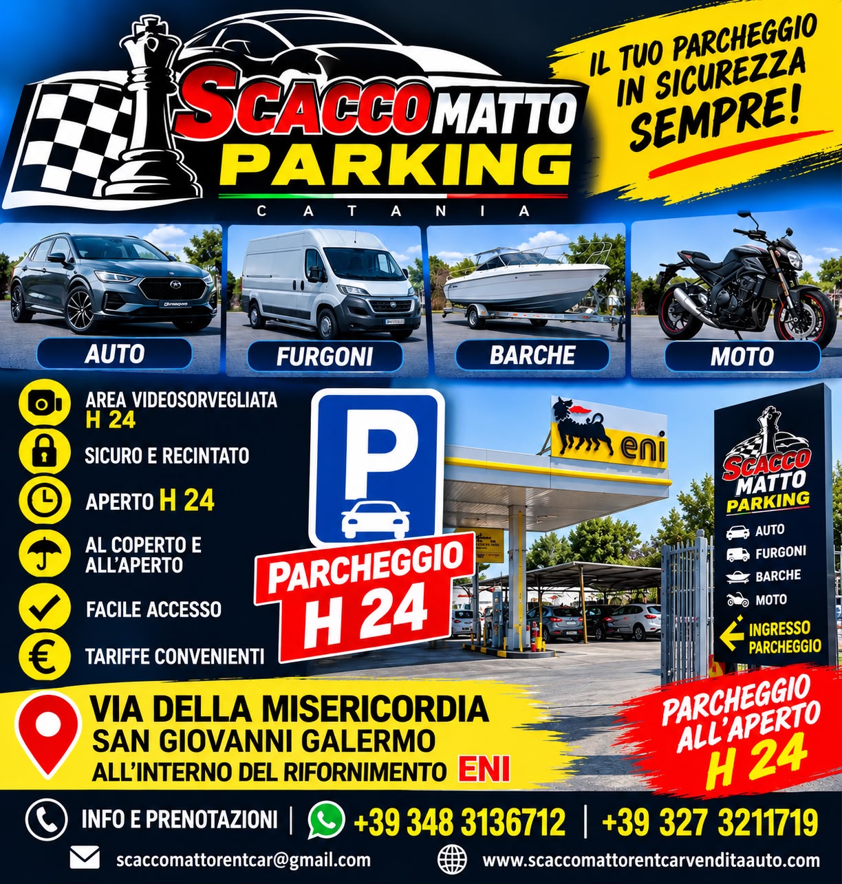 Scacco Matto Parking: parcheggio H24 per auto, furgoni, barche e moto, in via della Misericordia a San Giovanni Galermo, all’interno del rifornimento Eni.
